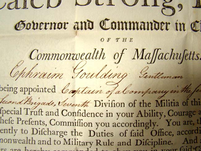 A Massachusetts Military Appointment of Ephraim Goulding to Captain signed by Gov. Caleb Strong on Sept. 11, 1800. — image 2